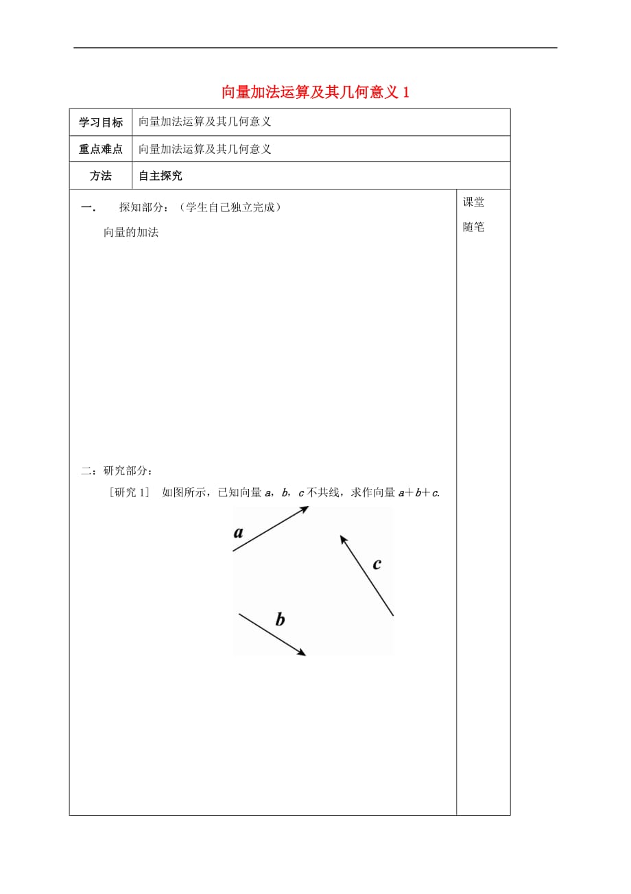 河北省承德市高中数学 第二章 平面向量 2.2.1 平面向量的加法运算及其几何意义学案（无答案）新人教A版必修4_第1页