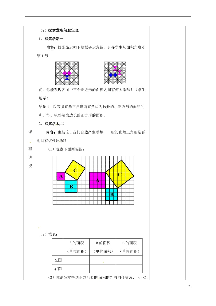 河北省邯郸市肥乡县八年级数学上册 第一章 勾股定理 第一节 探索勾股定理（第1课时）教案 （新版）北师大版_第2页