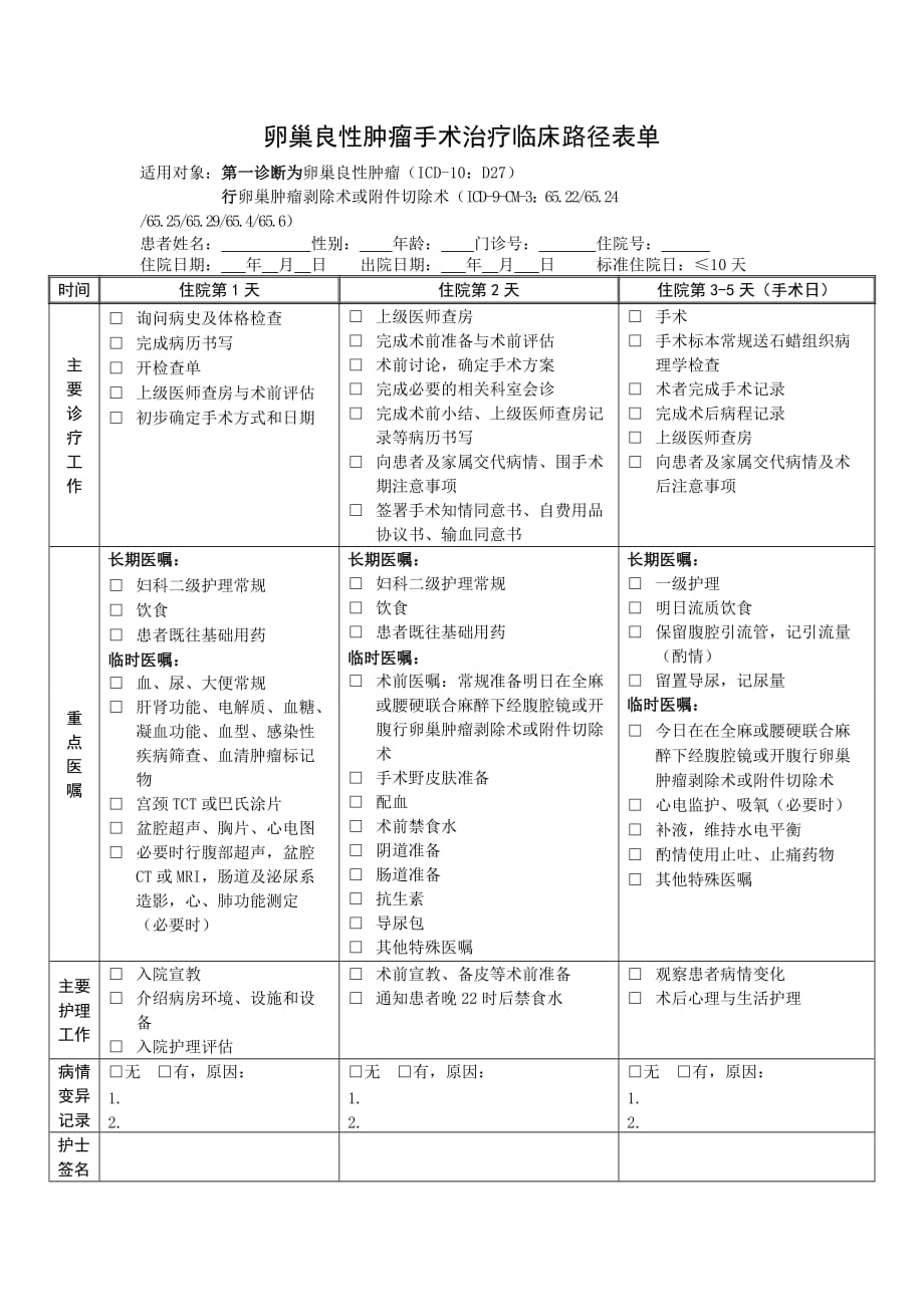 卵巢良性肿瘤手术治疗的临床路径表_第1页