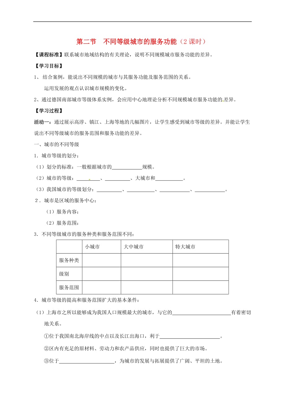 江苏省高淳县高中地理 第二章 城市与城市化 2.2 不同等级城市的服务功能导学案(无答案)新人教版必修2_第1页