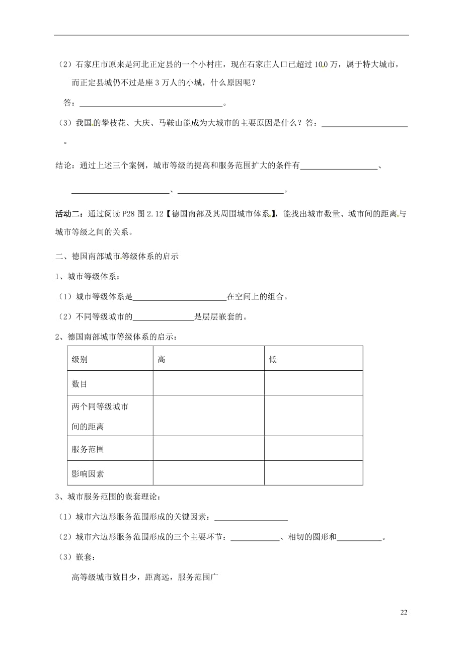 江苏省高淳县高中地理 第二章 城市与城市化 2.2 不同等级城市的服务功能导学案(无答案)新人教版必修2_第2页