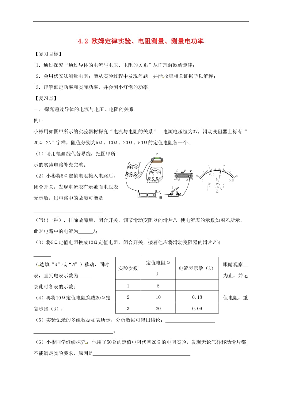 江苏省镇江市句容市后白镇2017届中考物理一轮复习 4.2 欧姆定律实验、电阻测量、测量电功率学案（无答案）_第1页