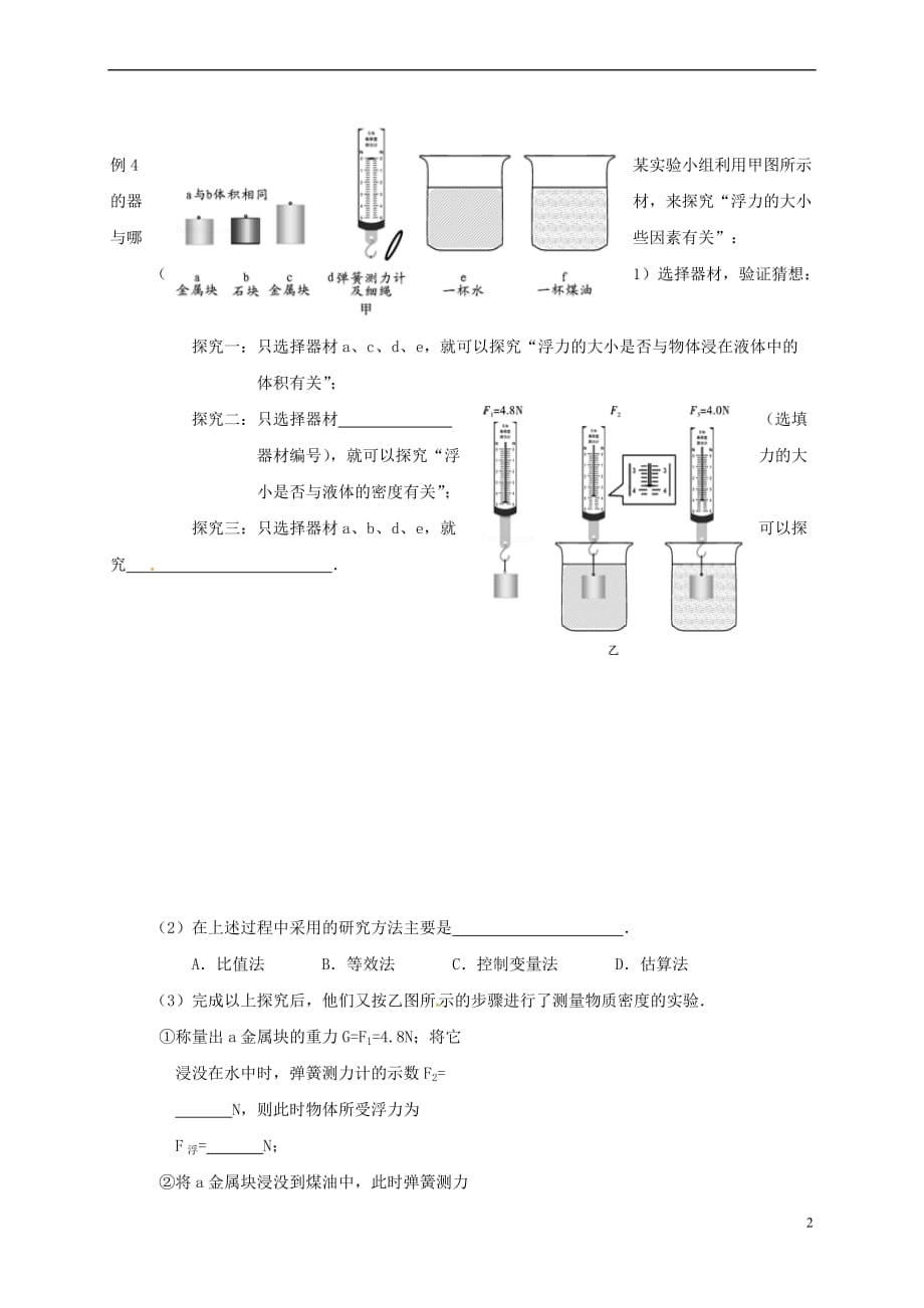 江苏省高邮市八年级物理下册 第十章 第四节 浮力(第2课时)导学案（无答案）（新版）苏科版_第2页