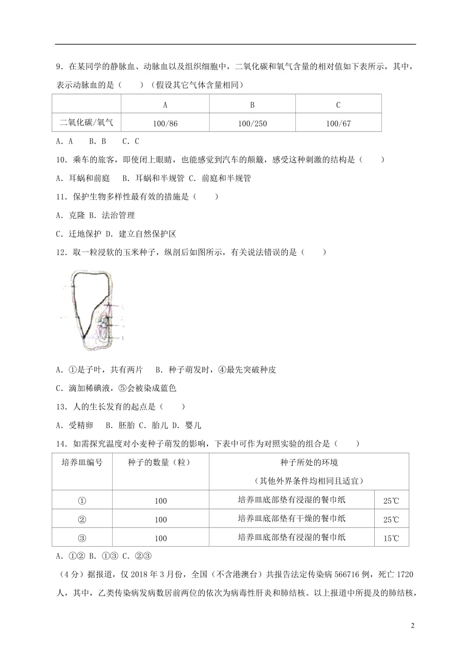 江苏省淮安市2018年中考生物真题试题(含答案)_第2页