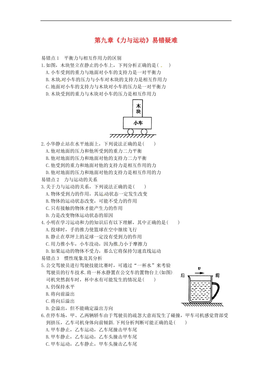 江苏省苏州市中考物理第九章《力与运动》易错疑难_第1页