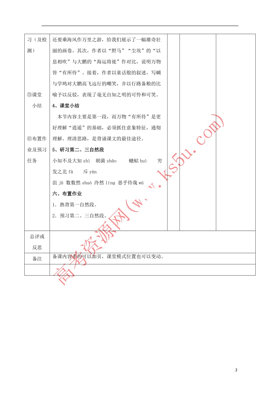 江西省万载县株潭中学高中语文 6 逍遥游(第二课时)教案 新人教版必修5_第2页