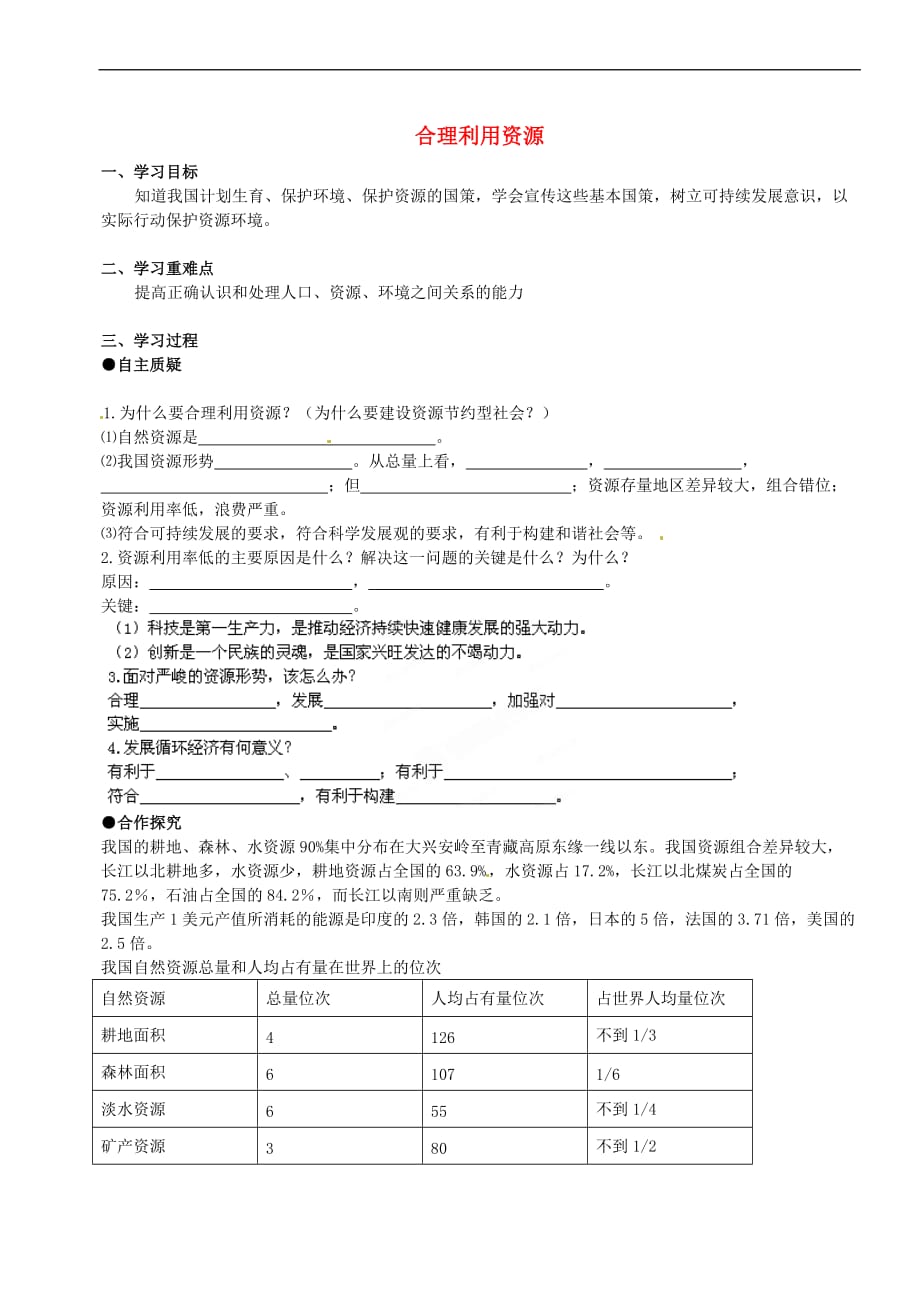 江苏省灌云县八年级政治下册 第六单元 复兴中华 第20课 保护我们共有的家园 第2框 合理利用资源导学案（无答案） 苏教版_第1页