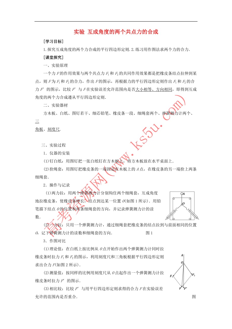 江苏省海门市高中物理 第三章 相互作用力 实验 互成角度的两个共点力的合成学案（无答案）新人教版必修1_第1页