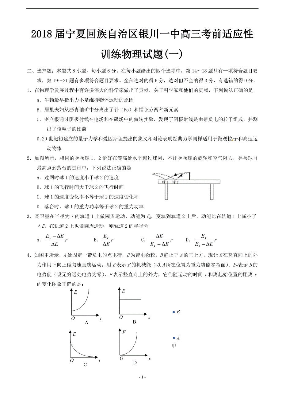 2018学年宁夏回族自治区高三考前适应性训练物理试题(一).doc_第1页