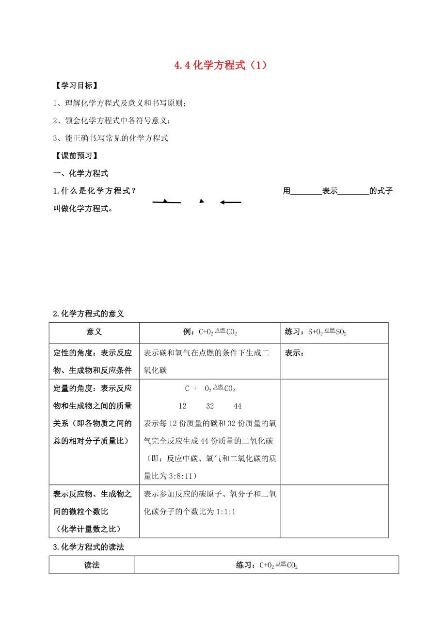 内蒙古鄂尔多斯市东胜区九年级化学上册第四章生命之源—水4.4化学方程式（1）学案（无答案）（新版）粤教版_第1页