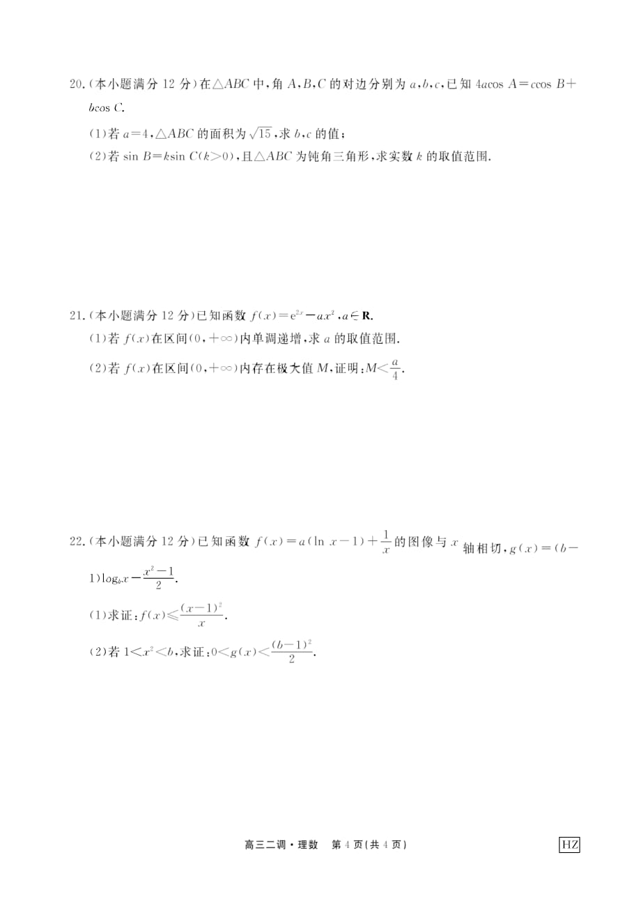 河北衡水中学2020届理科数学高三年级考试二（全科试卷+答案）A4版_第4页