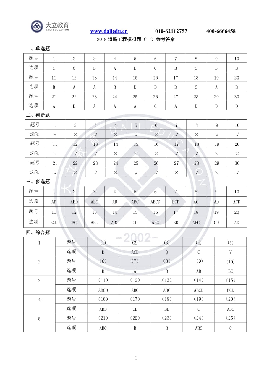 2018年《公路水运检测》道路工程模拟试题（一）参考答案_第1页