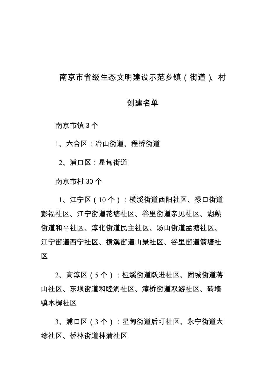 南京市省级生态文明建设示范乡镇（街道）、村创建名单_第1页