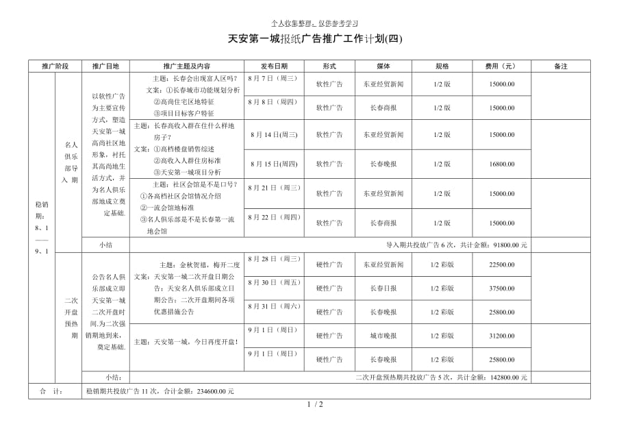 天安第一城报纸广告推广工作计划(四)_第1页