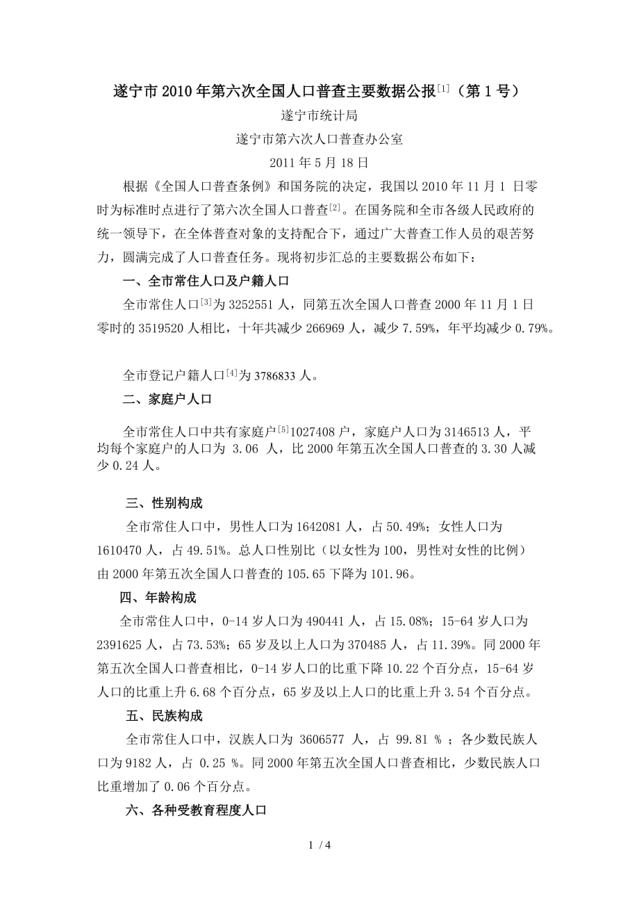 川省遂宁市次全国人口普查主要数据公报_第1页