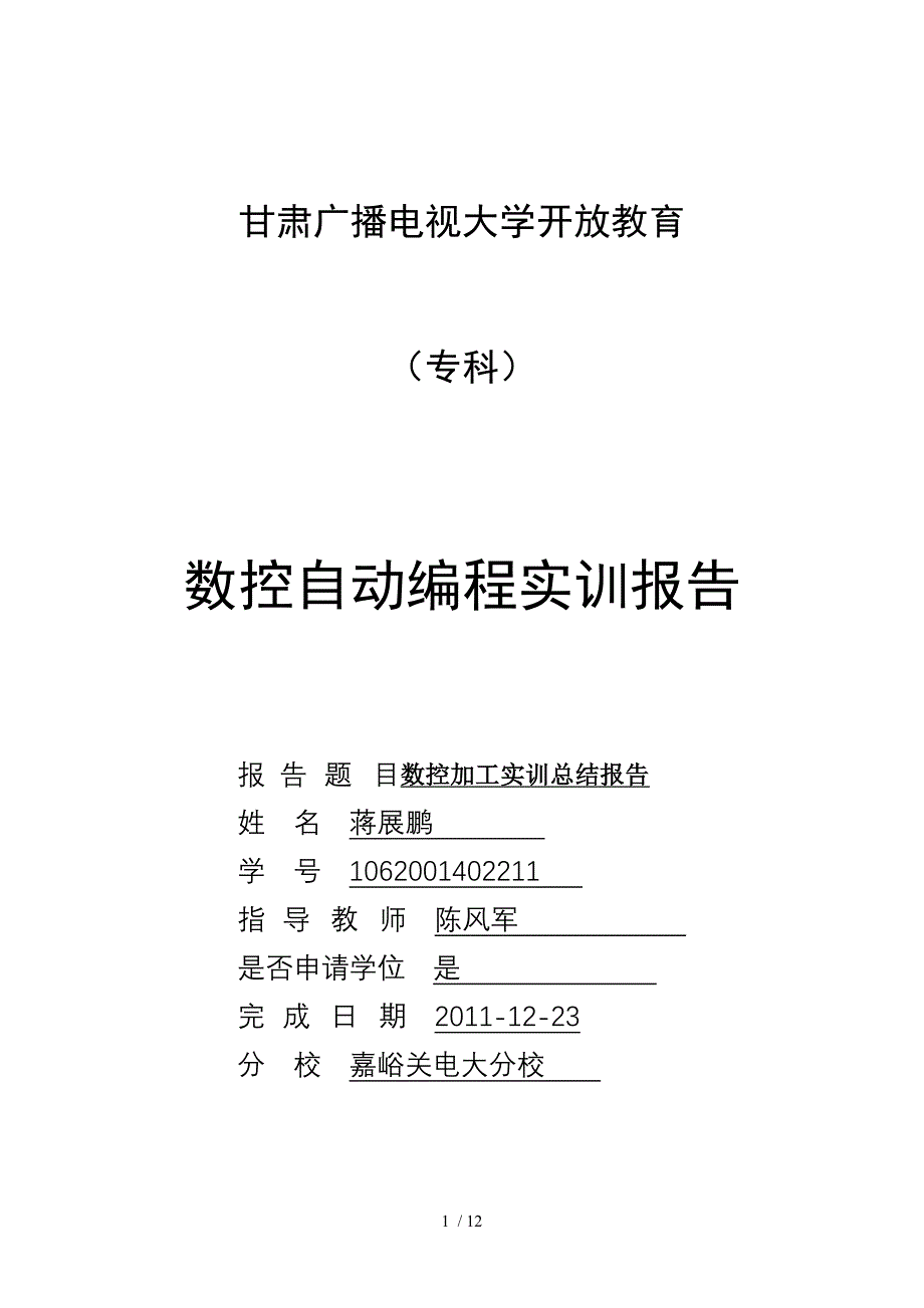 数控加工综合实训实训总结报告蒋展鹏_第1页