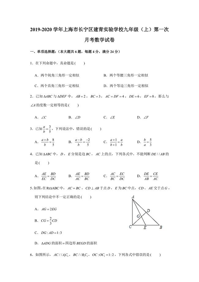 2019-2020学年上海市长宁区建青实验学校九年级（上）第一次月考数学试卷（解析版）