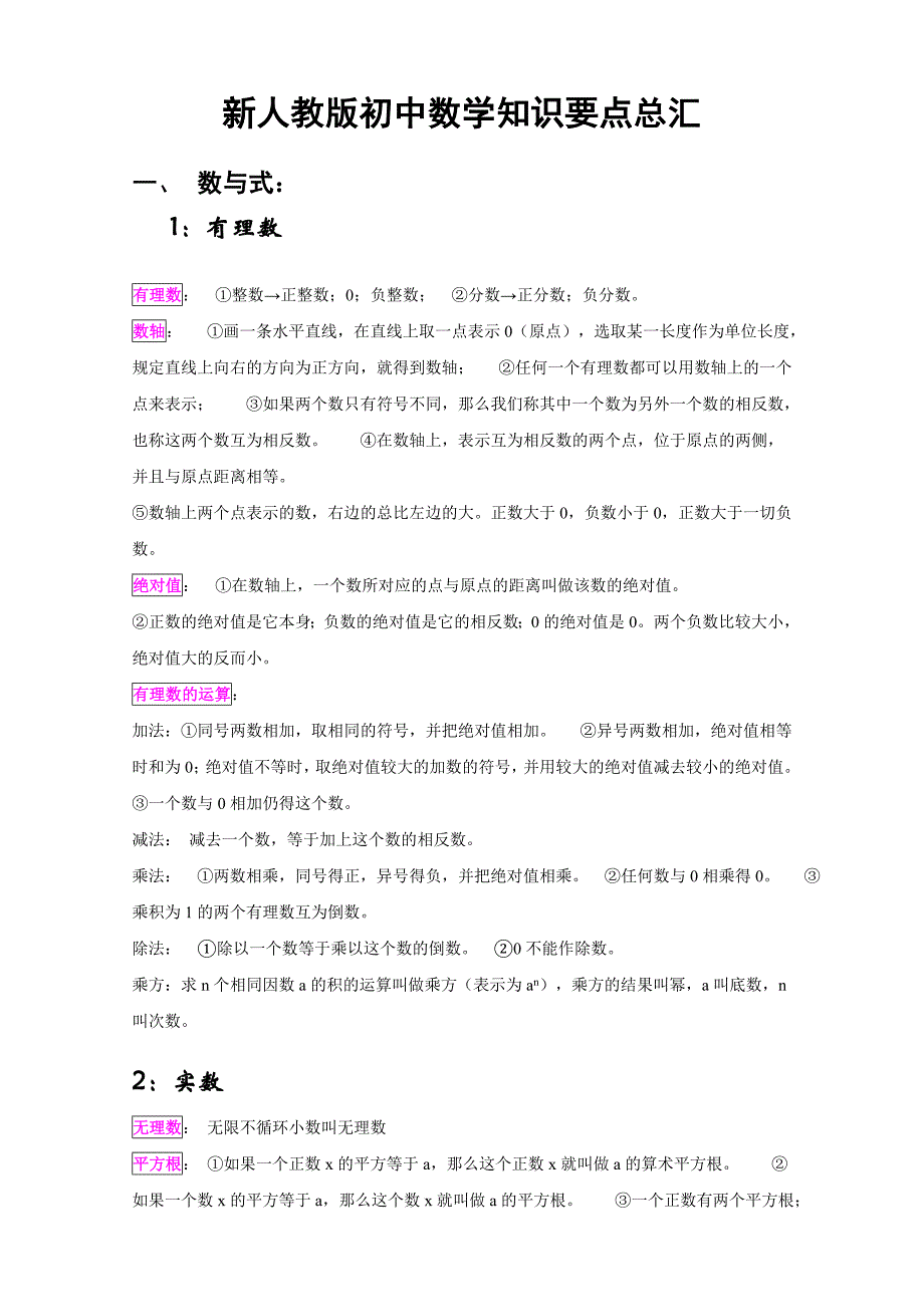 新人教版初中数学知识要点总汇_第1页