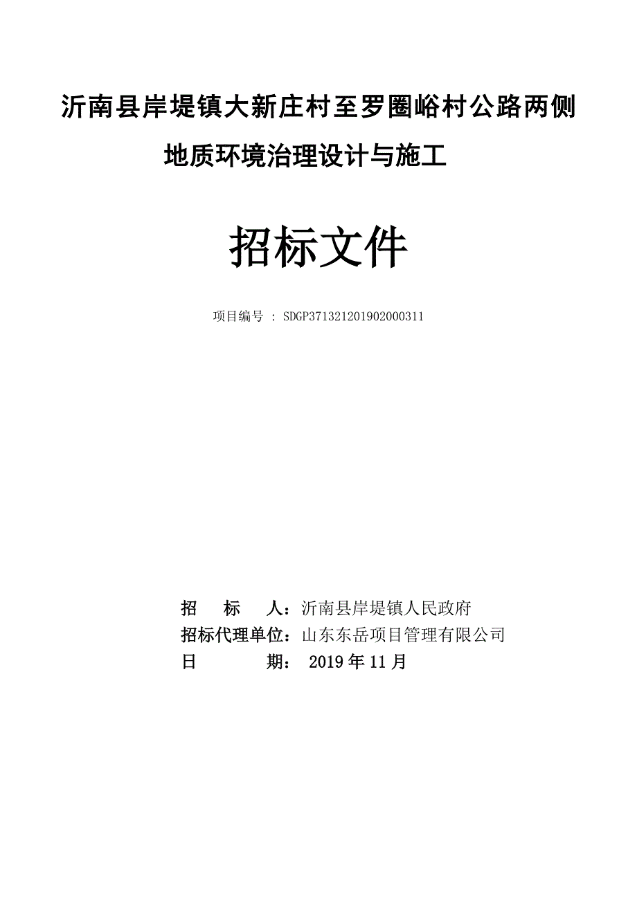 沂南县岸堤镇大新庄村至罗圈峪村公路两侧地质环境治理设计与施工项目招标文件_第1页