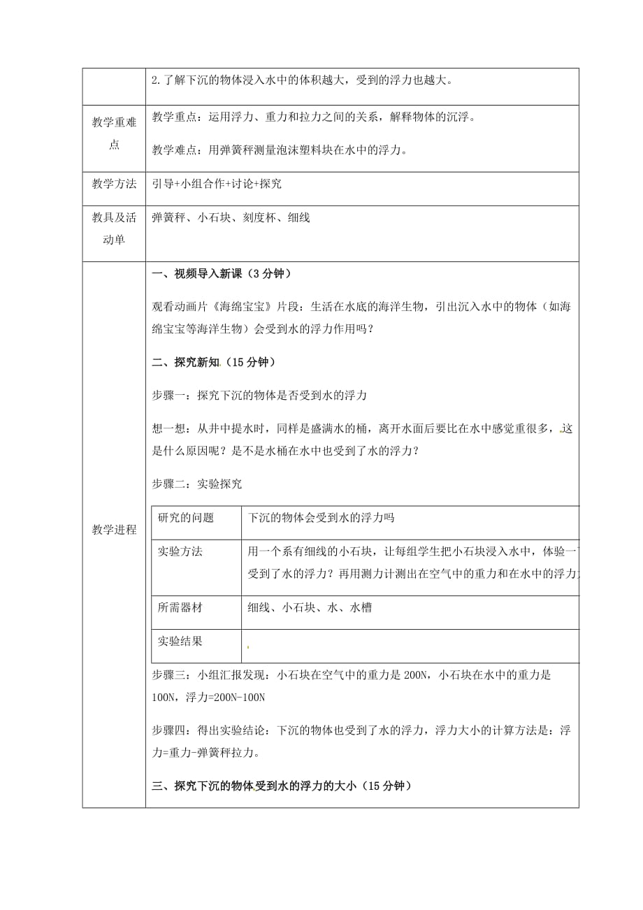 五年级下册科学教案-1.6《下沉的物体会受到水的浮力吗》教科版_第2页