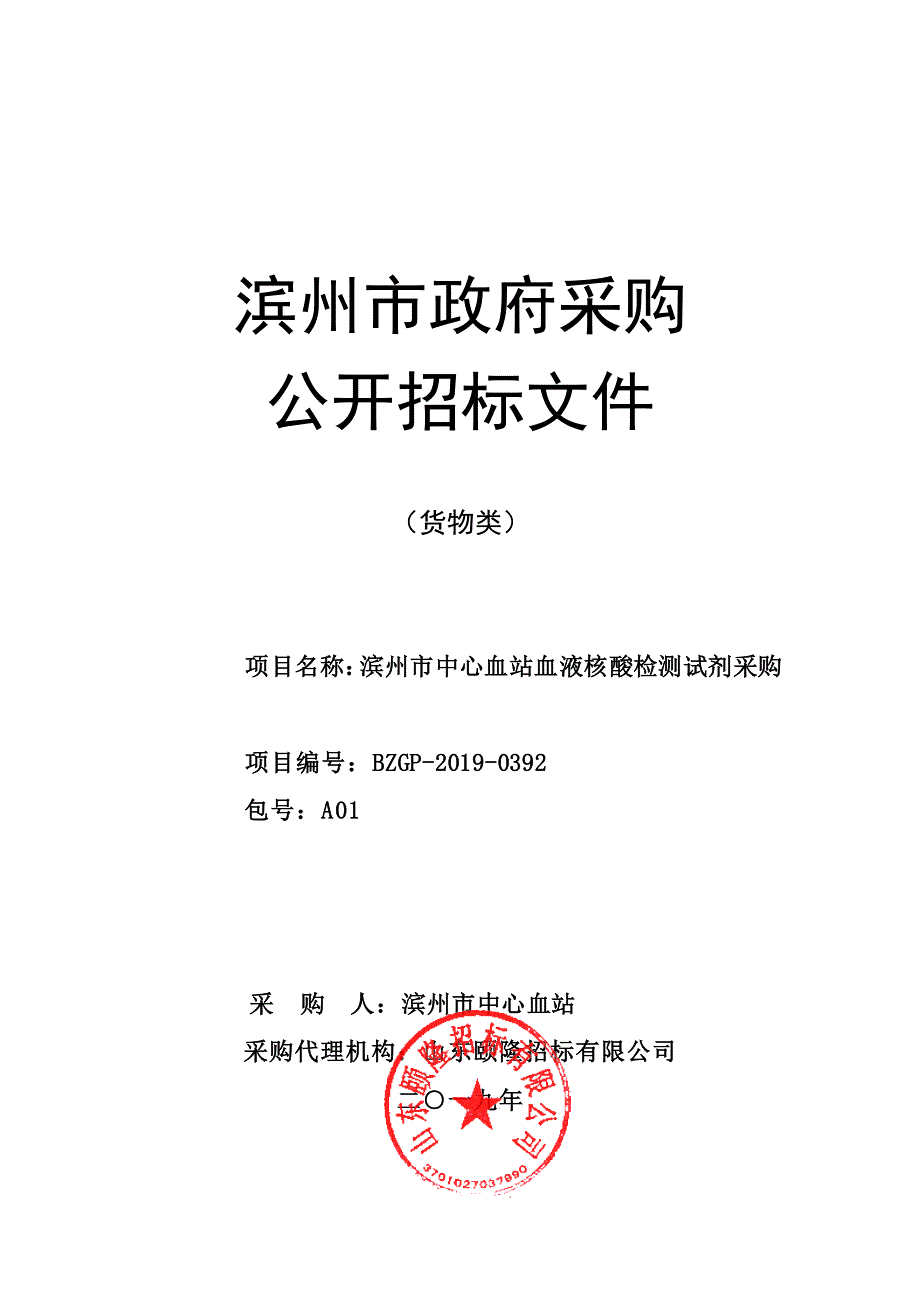 滨州市中心血站血液核酸检测试剂采购公开招标文件_第1页