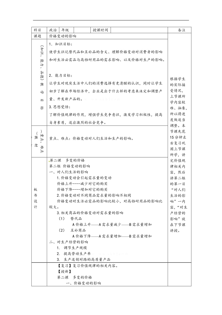 高一政治价格波动的影响教案_第1页