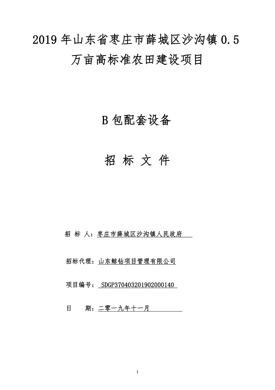 2019年山东省枣庄市薛城区沙沟镇0.5万亩高标准农田建设项目B包招标文件_第1页