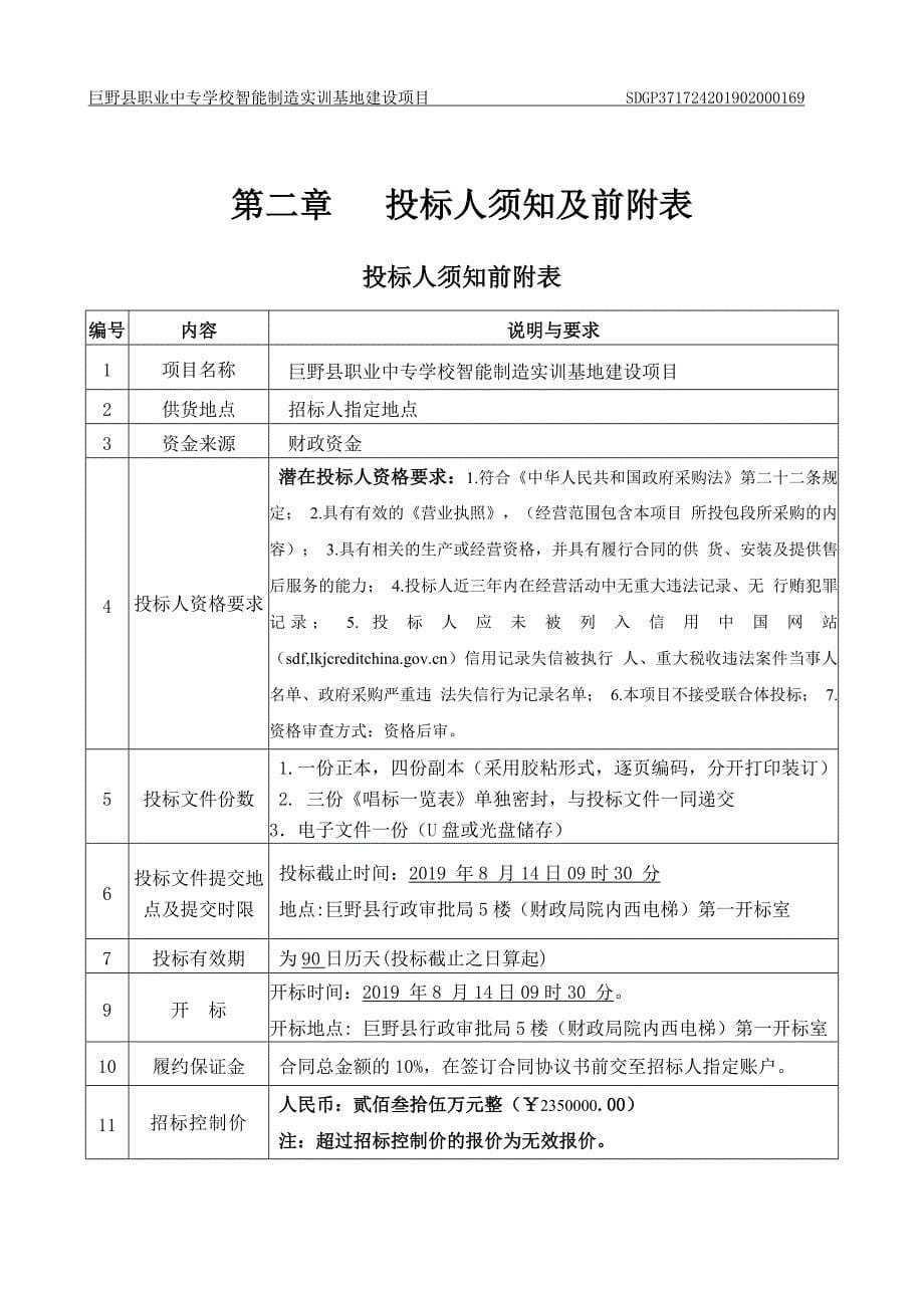 巨野县职业中专学校智能制造实训基地建设项目招标文件（一标段）_第5页