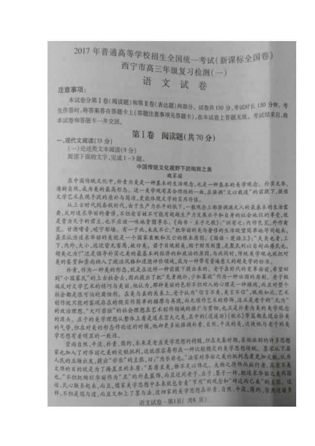 青海省西宁市2017年高三（下学期）复习检测一（一模）语文试题（含答案）.doc
