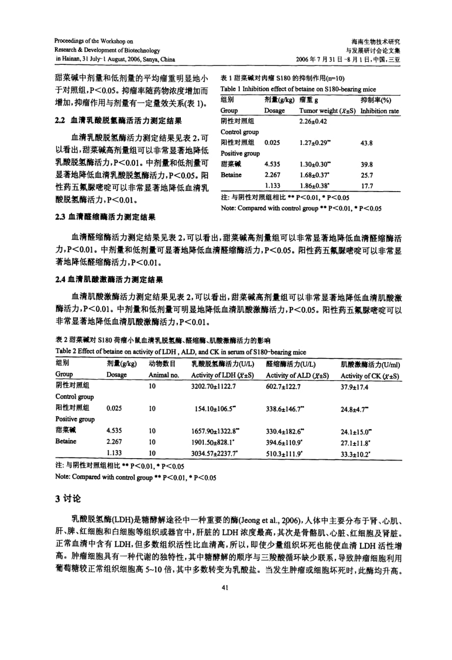 甜菜碱对s180荷瘤小鼠血清肿瘤标志物乳酸脱氢酶、醛缩酶和肌酸激酶的活力影响_第3页