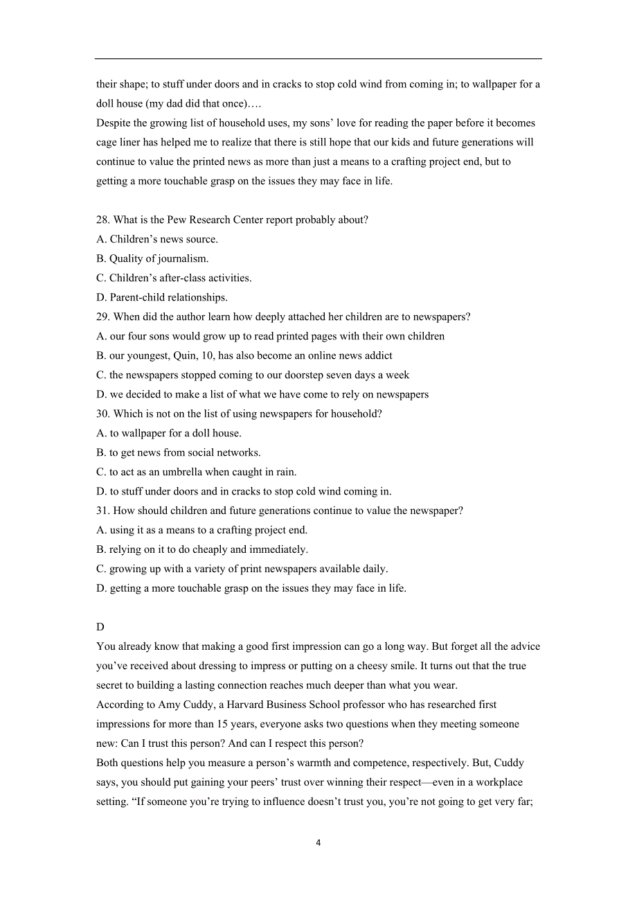 辽宁省六校协作体2019年高三（上学期）期初联考英语试题（含答案）.doc_第4页