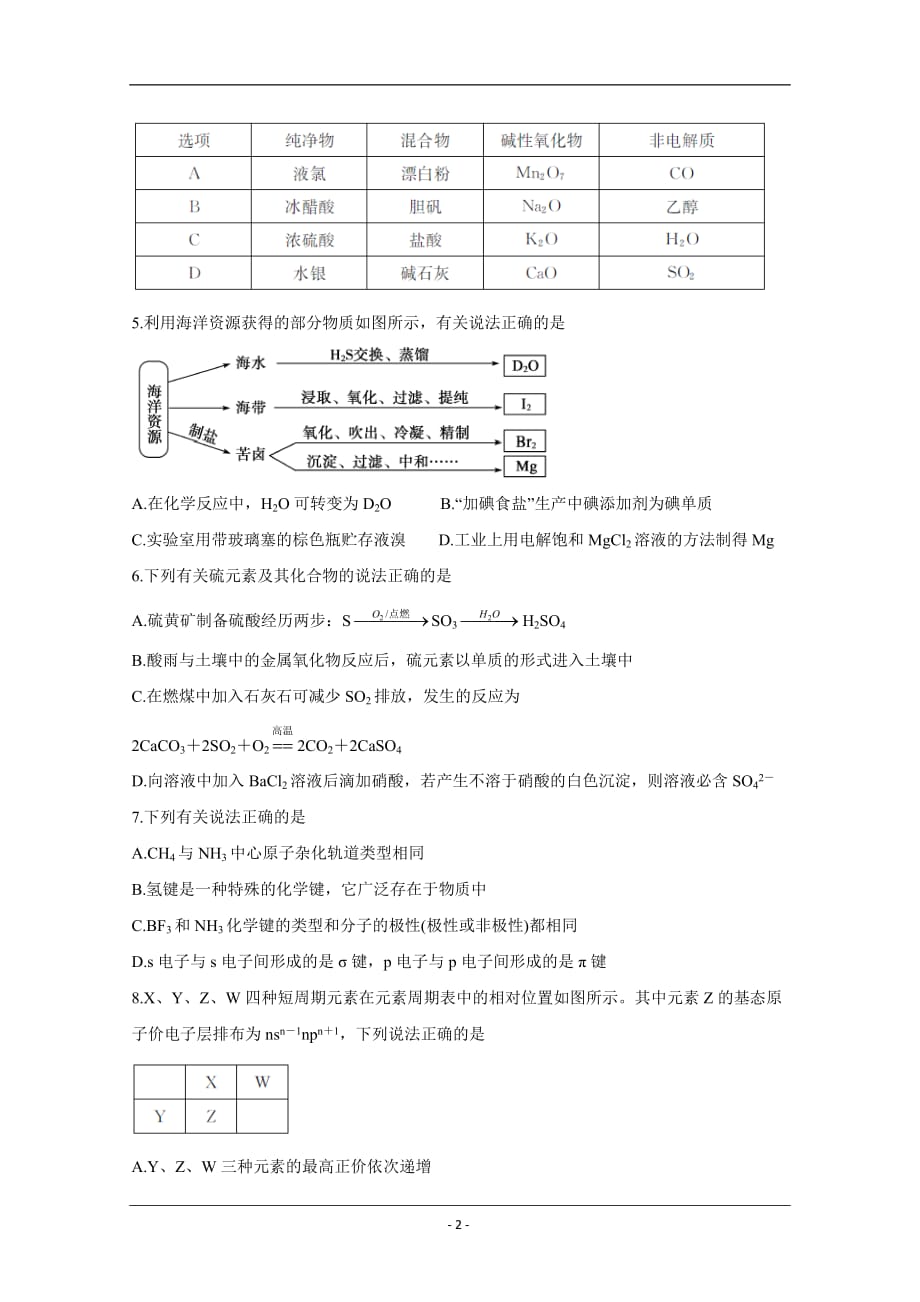 山东省德州市2020届高三上学期期中考试+化学+Word版含答案_第2页