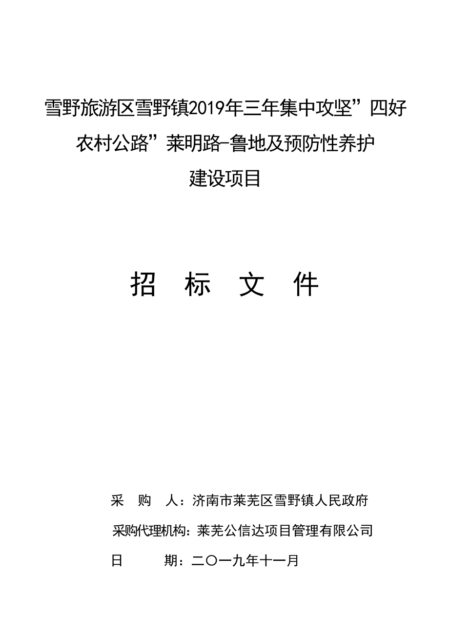 雪野镇2019年三年集中攻坚”四好农村公路”莱明路-鲁地及预防性养护建设项目招标文件_第1页