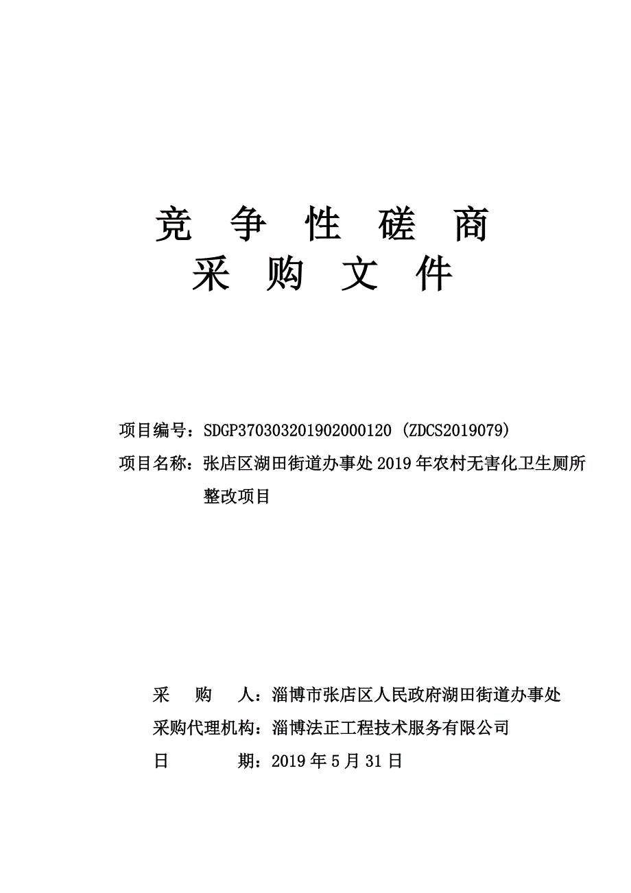 张店区湖田街道办事处2019年农村无害化卫生厕所整改项目竞争性磋商文件_第1页