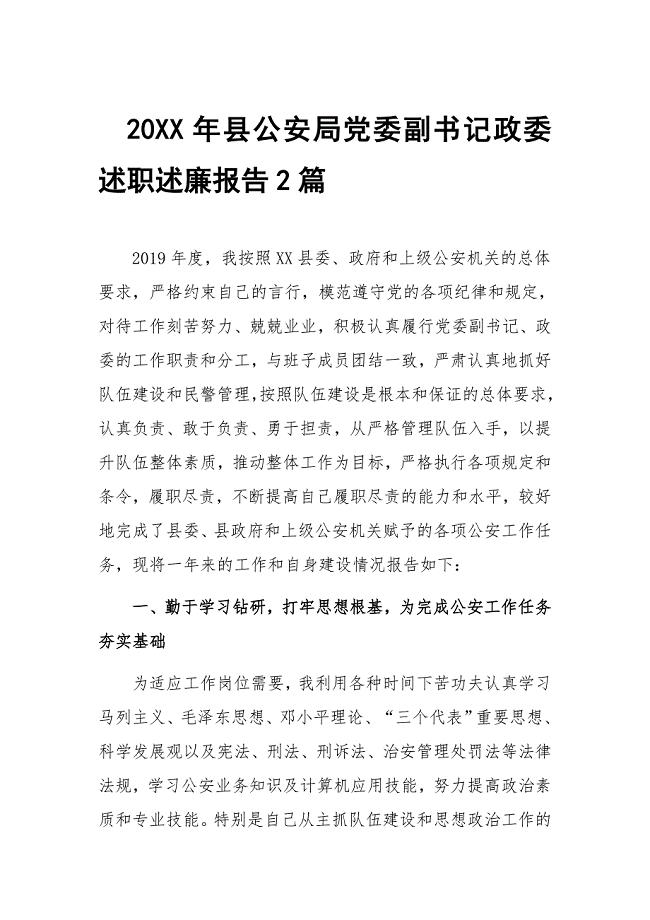 20XX年县公安局党委副书记政委述职述廉报告2篇