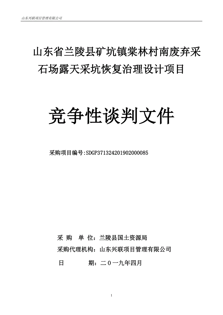 山东省兰陵县矿坑镇棠林村南废弃采石场露天采坑恢复治理设计项目竞争性谈判文件_第1页