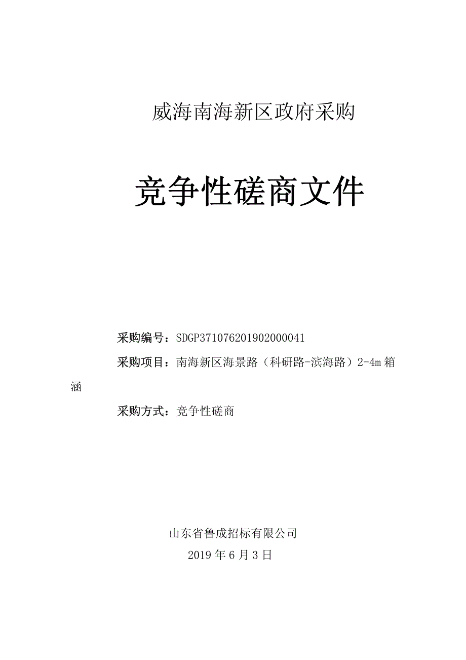 南海新区海景路（科研路-滨海路）2-4m箱涵竞争性磋商文件_第1页