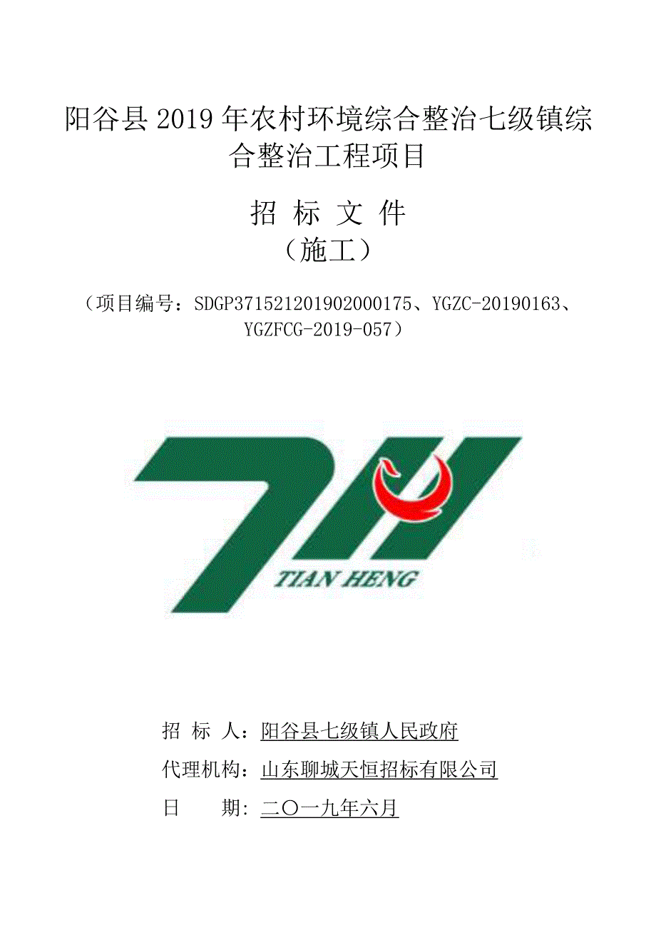 阳谷县2019年农村环境综合整治七级镇综合整治工程招标文件_第1页