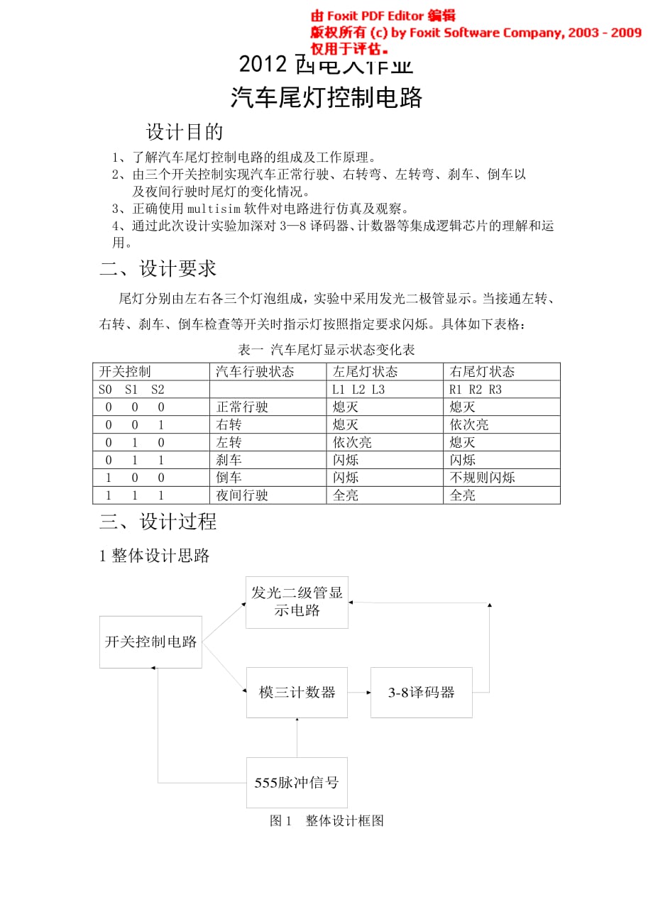 2012西电大作业--汽车尾灯控制电路_第1页