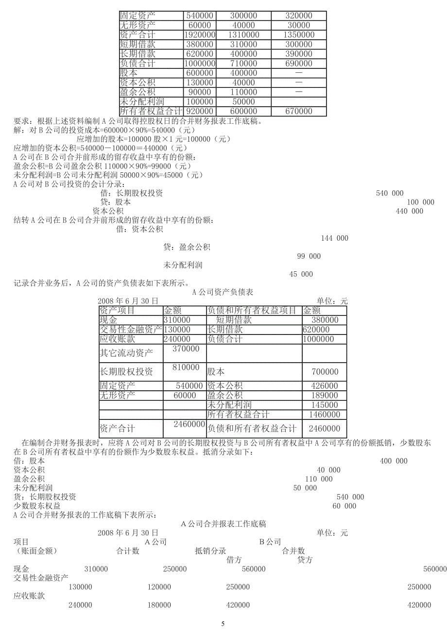 最新电大高级财务会计形成性册参考答案_第5页