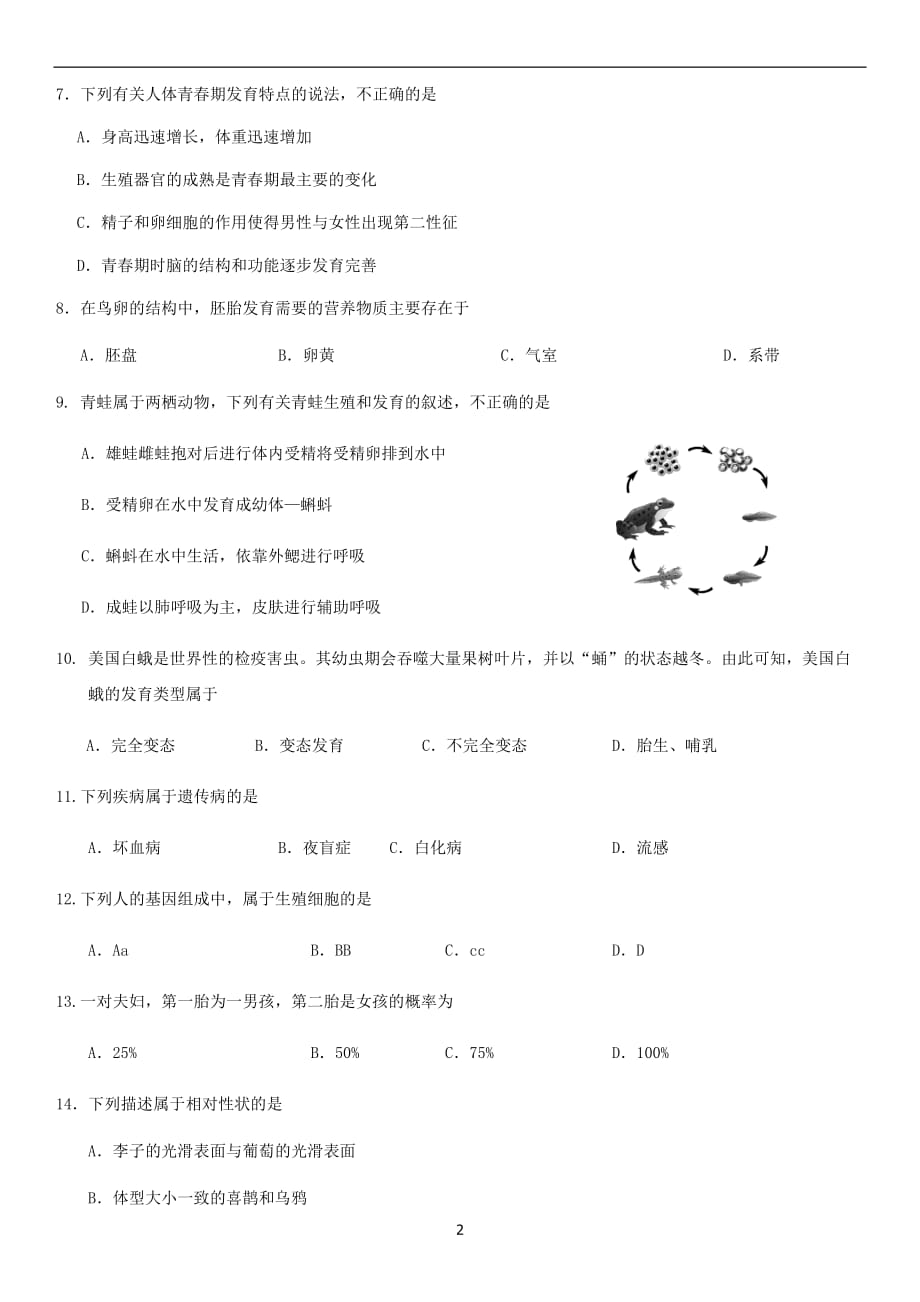 2019年北京市朝阳区初二（上学期）期末生物_第2页