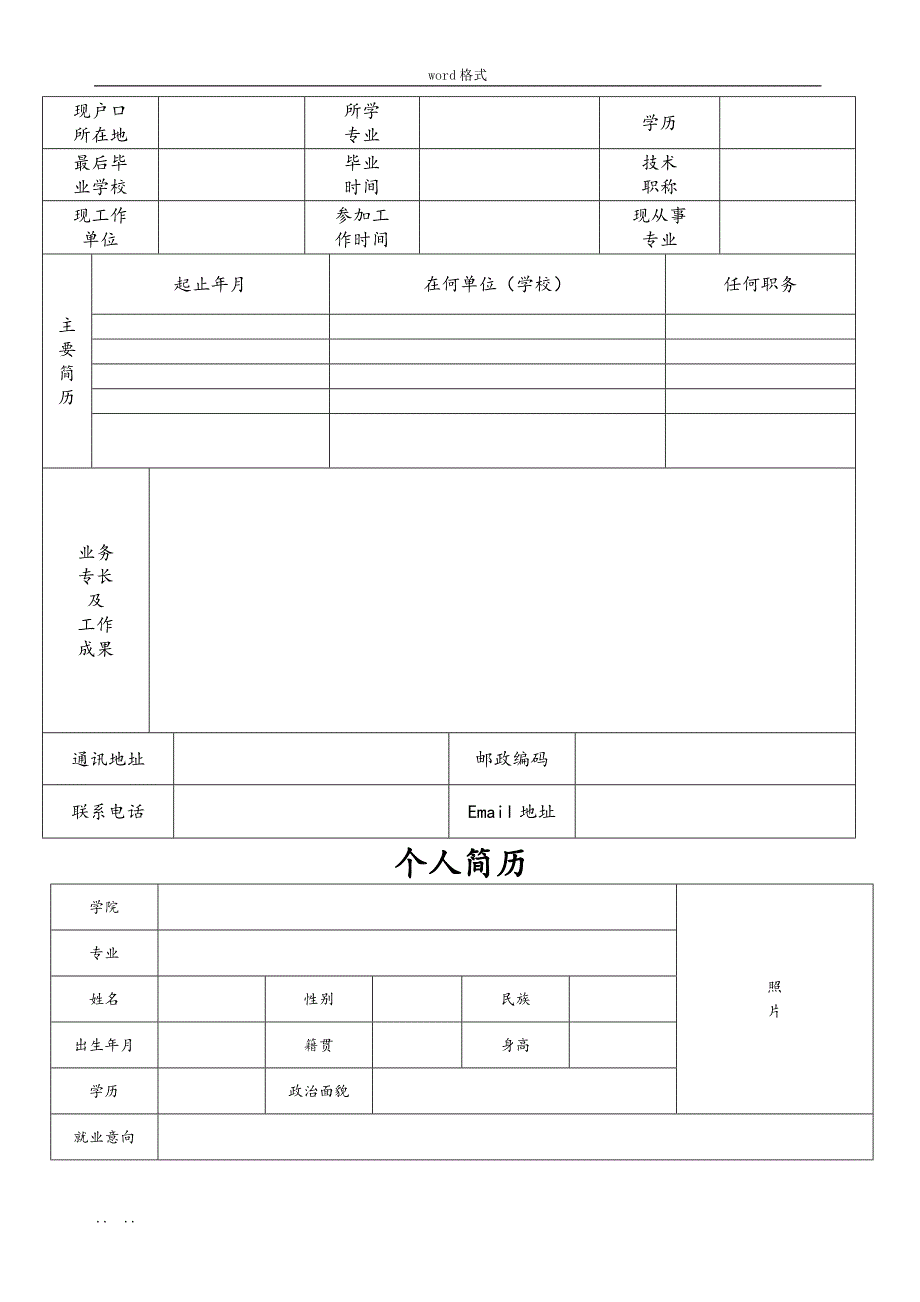 个人标准简历表格27587_第2页