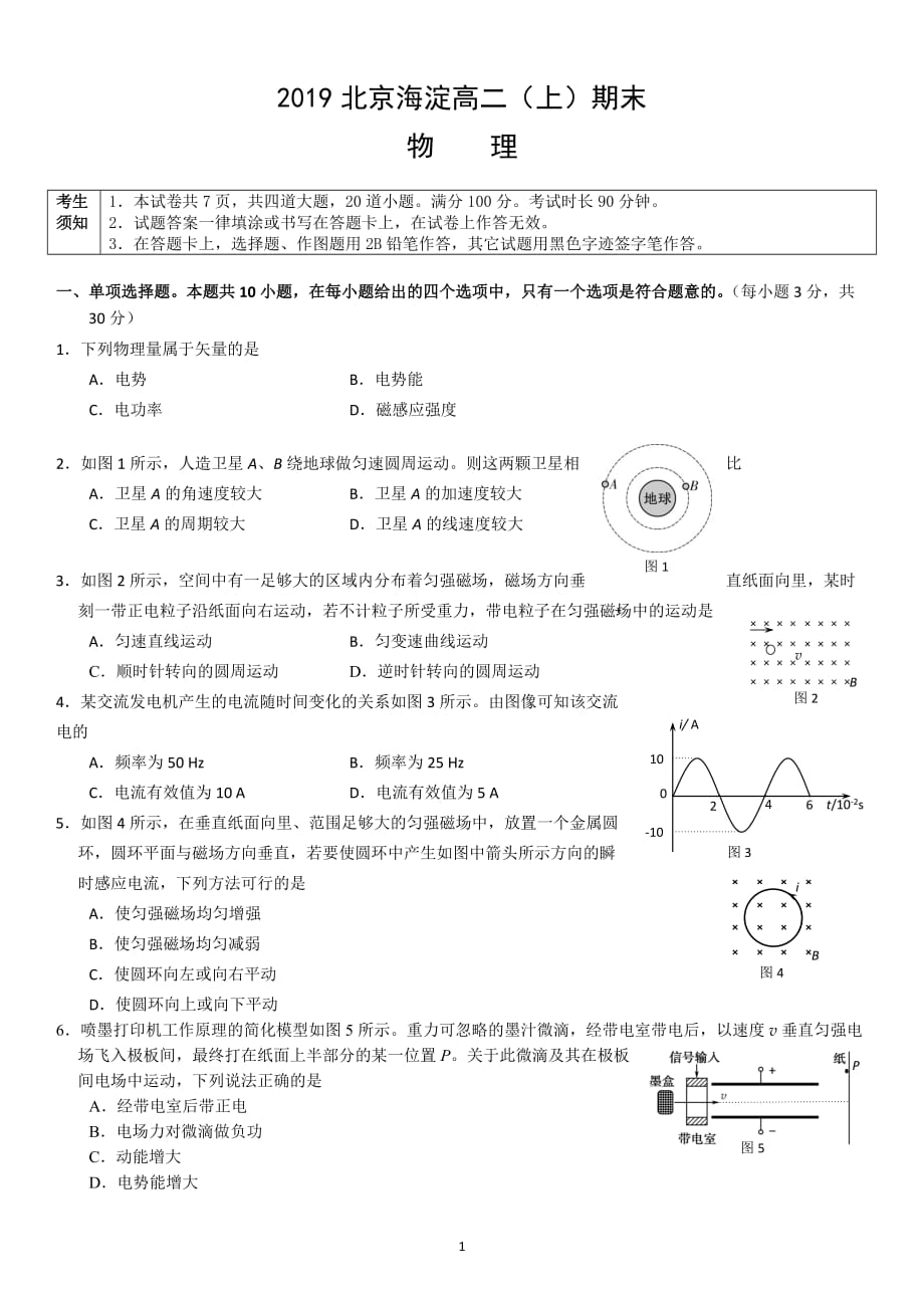 2019年北京海淀高二上期末物理_第1页