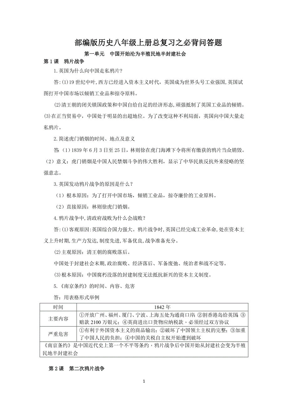 部编版八年级历史第一学期初二期末总复习之必背问答题（含答案）_第1页