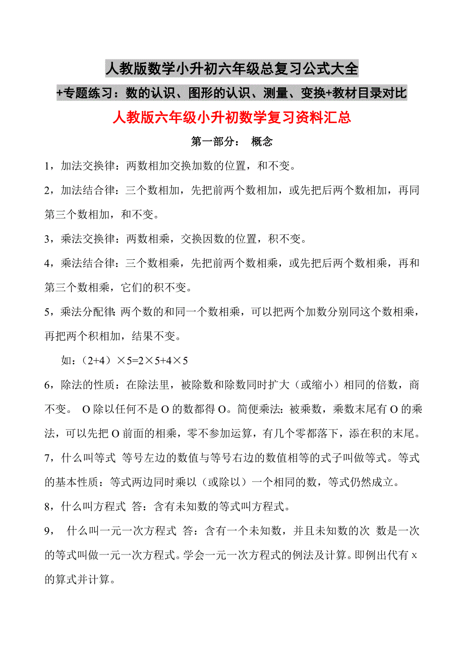 人教版数学小升初总复习公式大全_第1页