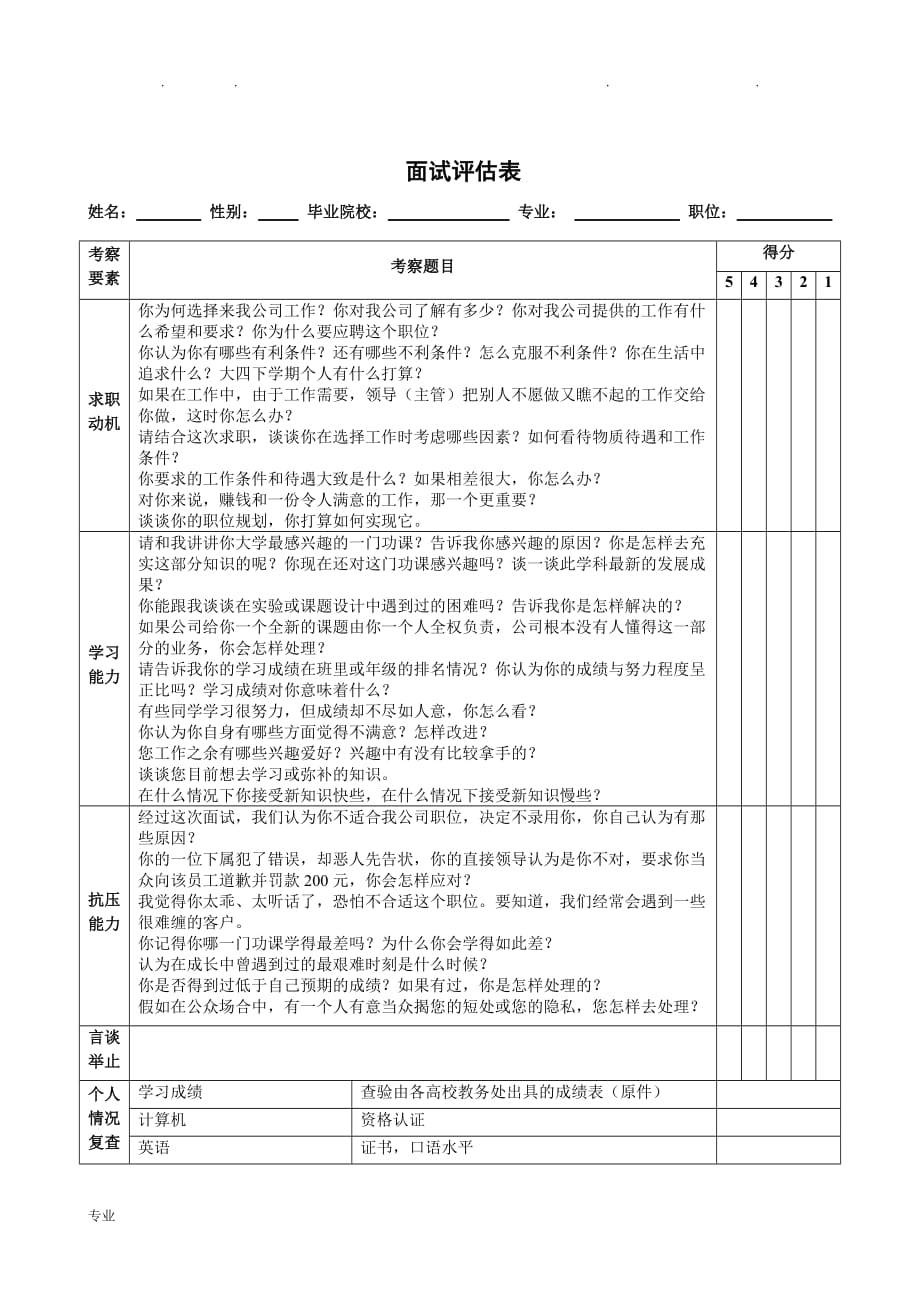 校园招聘面试评估表与评分标准_第1页