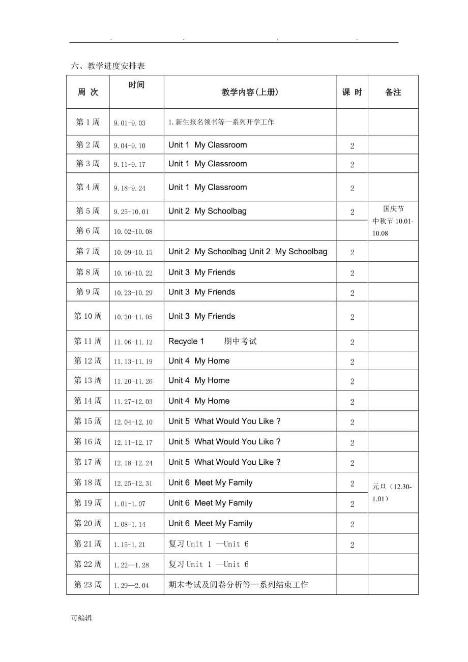 2017年秋季人版四年级英语[上册]教学计划和课程进度表_第3页