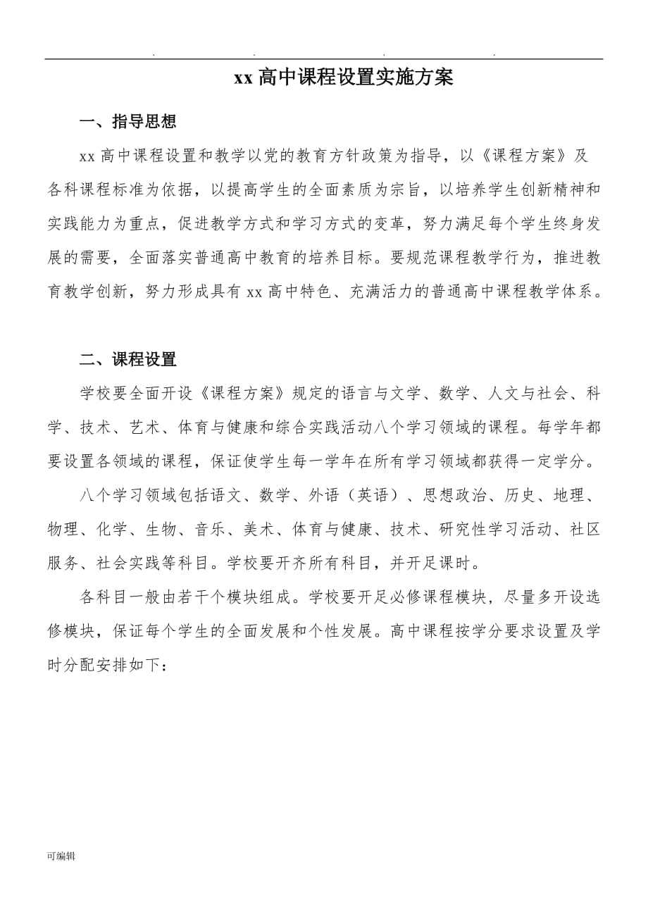 XX高中课程设置实施计划方案_第1页