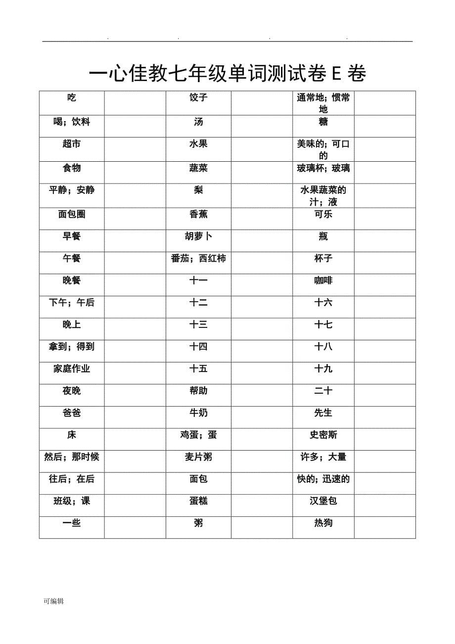 冀教版七年级[上册]英语单词测试卷_第5页