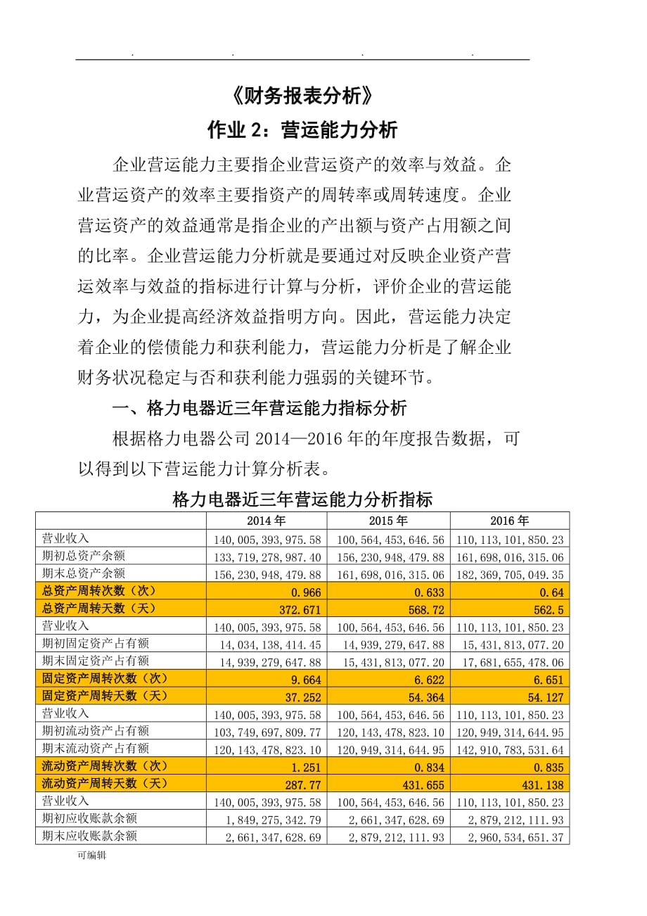 2018年财务报表分析网上作业_任务2格力电器营运能力分析报告_第1页